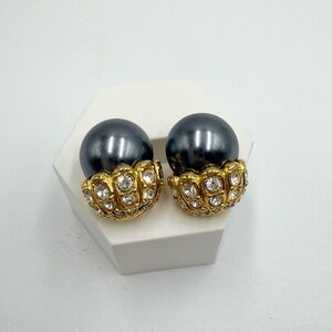 Vintage Signed Joan Rivers Black Faux Pearl Crystals Gold Tone Pierced Earrings